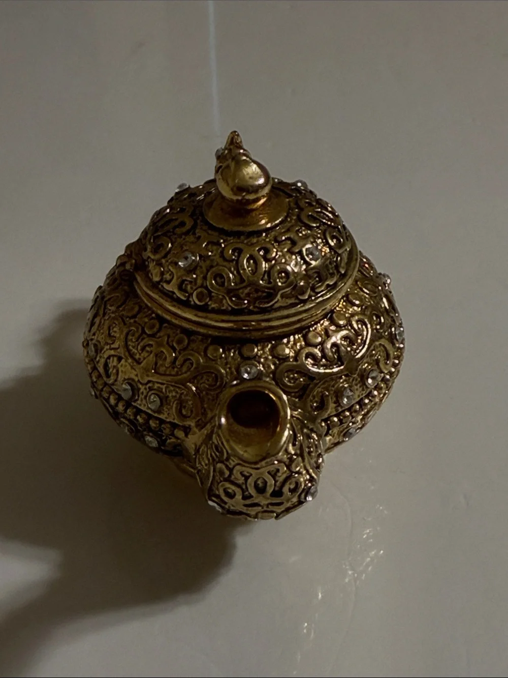 Ornate Gold Tone Decorative Trinket Teapot Accent with Crystals and Embroidery